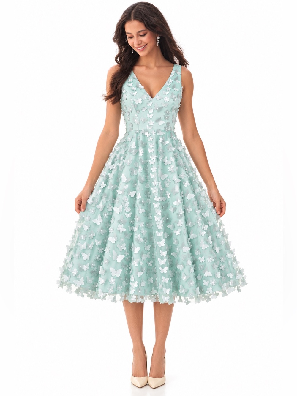 Eliza J Butterfly Appliqué Fit & Flare Midi Dress Sage  Green 4P